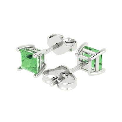 1.5 ctw Green Zirconia Studs Earrings | 5.0mm Princess Cut White Gold Push back | April Birthstone