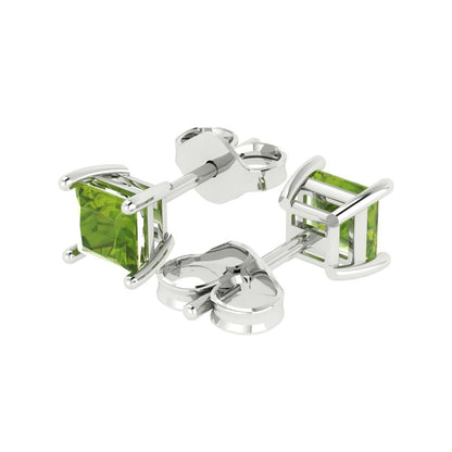 1.5 ctw Peridot Studs Earrings | 5.0mm Princess Cut White Gold Push back | August Birthstone