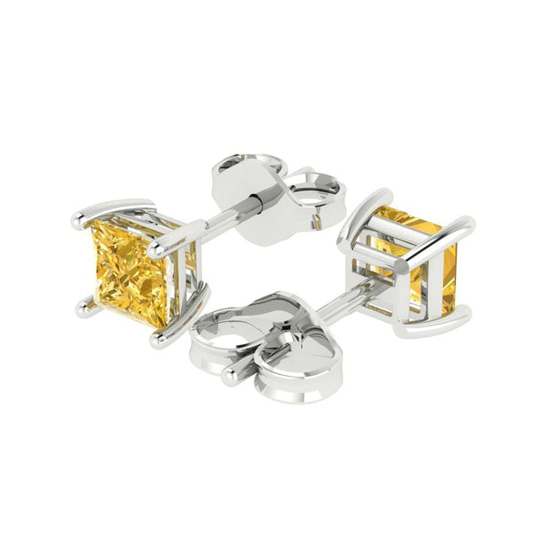 1.5 ct Brilliant Princess Cut Solitaire Studs Yellow Simulated Diamond Stone White Gold Earrings Push back