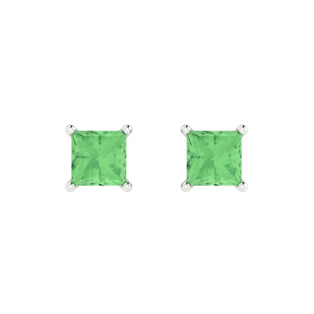 1.5 ctw Green Zirconia Studs Earrings | 5.0mm Princess Cut White Gold Push back | April Birthstone