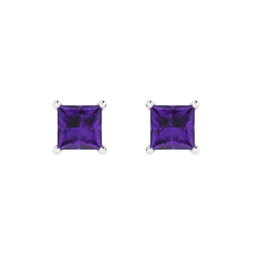 1.5 ctw Amethyst Studs Earrings | 5.0mm Princess Cut White Gold Push back | February Birthstone