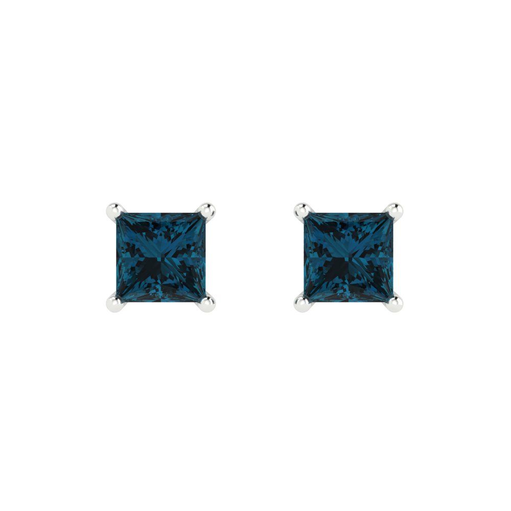 1.5 ctw London Blue Topaz Studs Earrings | 5.0mm Princess Cut White Gold Push back | December Birthstone