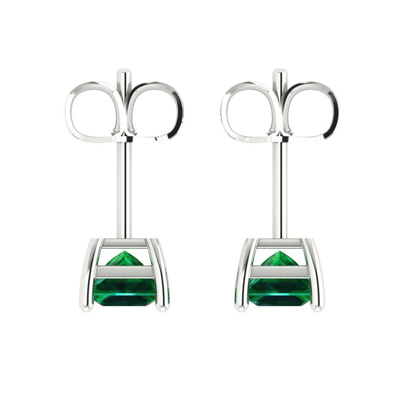 2.0 ct Brilliant Princess Cut Solitaire Studs Simulated Emerald Stone White Gold Earrings Push back
