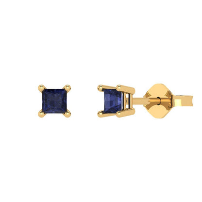 0.5 ctw Blue Sapphire Studs Earrings | 3.5mm Princess Cut White Gold Push back | September Birthstone