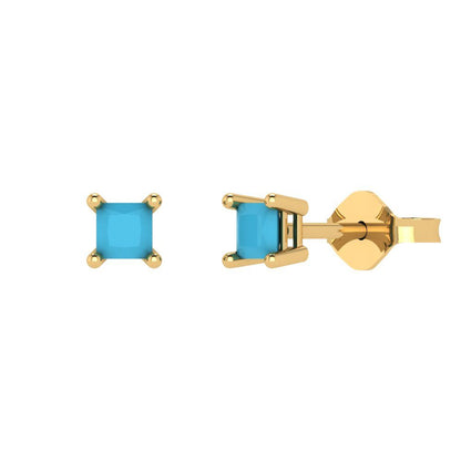 0.5 ctw Turquoise Studs Earrings | 3.5mm Princess Cut White Gold Push back | December Birthstone