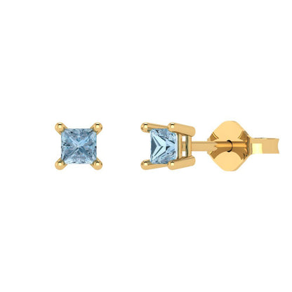 0.5 ctw Swiss Blue Topaz Studs Earrings | 3.5mm Princess Cut White Gold Push back | December Birthstone