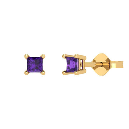 0.5 ctw Amethyst Studs Earrings | 3.5mm Princess Cut White Gold Push back | February Birthstone