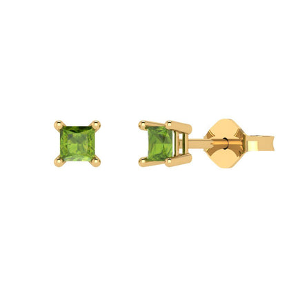 0.5 ctw Peridot Studs Earrings | 3.5mm Princess Cut White Gold Push back | August Birthstone