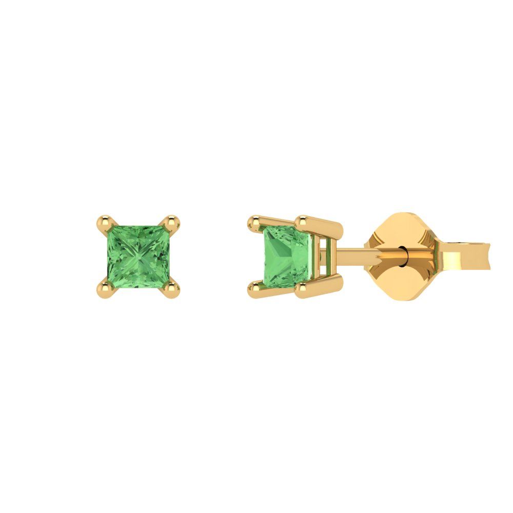 0.5 ctw Green Zirconia Studs Earrings | 3.5mm Princess Cut White Gold Push back | April Birthstone