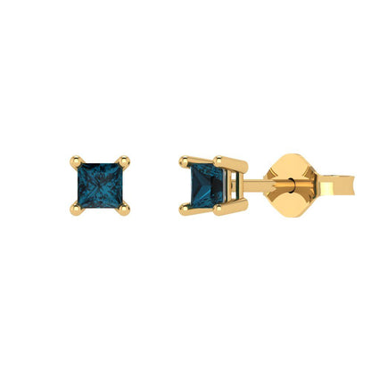 0.5cttw Princess Cut Natural London Blue Topaz Gold-Plated 925 Silver Push Back Stud Earrings