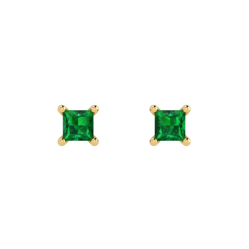 0.5 ct Brilliant Princess Cut Solitaire Studs Simulated Emerald Stone Yellow Gold Earrings Push back