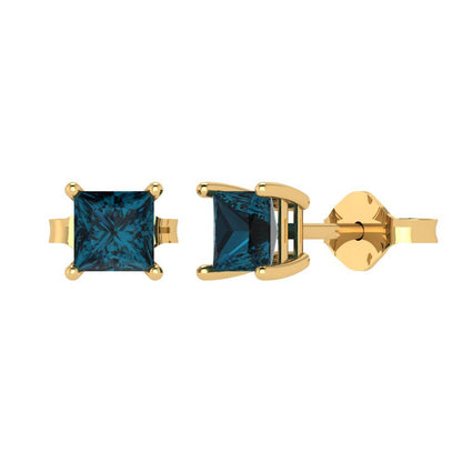 1 ctw London Blue Topaz Studs Earrings | 4.5mm Princess Cut White Gold Push back | December Birthstone