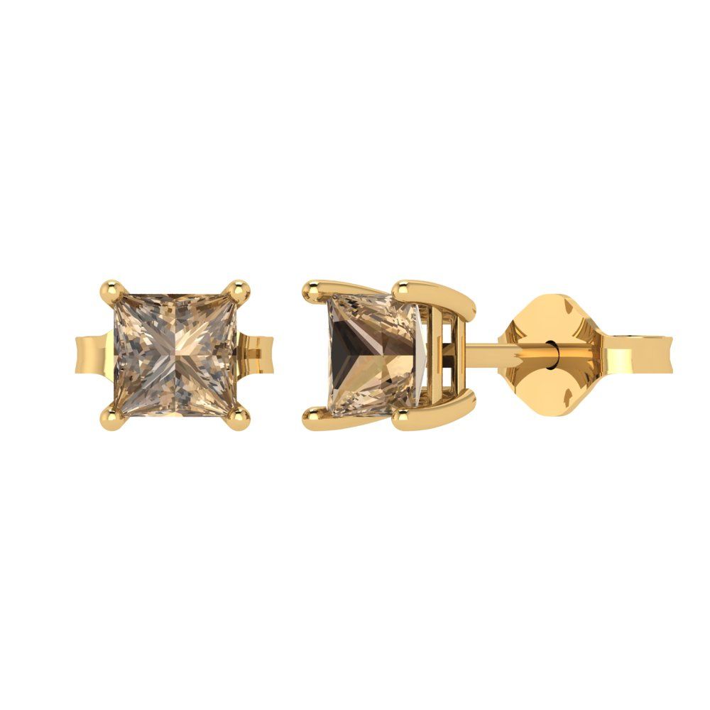 1 ctw Champagne Studs Earrings | 4.5mm Princess Cut White Gold Push back | April Birthstone