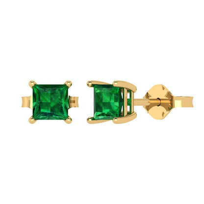 1 ctw Emerald Studs Earrings | 4.5mm Princess Cut White Gold Push back | May Birthstone