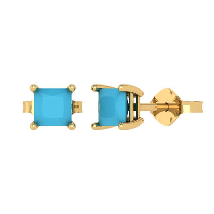 1cttw Princess Cut Simulated Turquoise Gold-Plated 925 Silver Push Back Stud Earrings