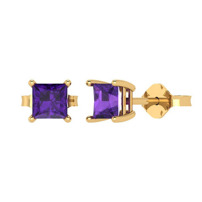 1 ctw Amethyst Studs Earrings | 4.5mm Princess Cut White Gold Push back | February Birthstone