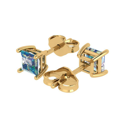 1 ctw Blue Moissanite Studs Earrings | 4.5mm Princess Cut White Gold Push back | April Birthstone