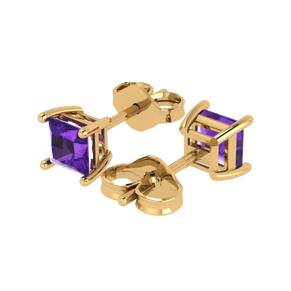 1cttw Princess Cut Natural Amethyst Gold-Plated 925 Silver Push Back Stud Earrings