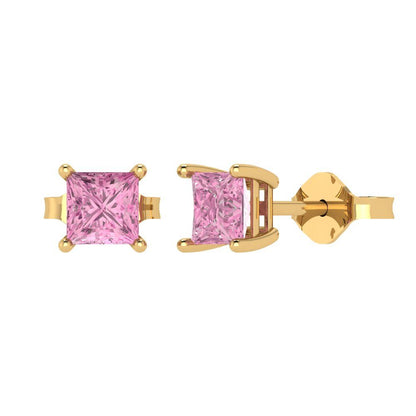 1.5cttw Princess Cut Simulated Pink Diamond Gold-Plated 925 Silver Push Back Stud Earrings