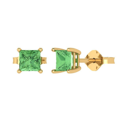1.5 ctw Green Zirconia Studs Earrings | 5.0mm Princess Cut White Gold Push back | April Birthstone