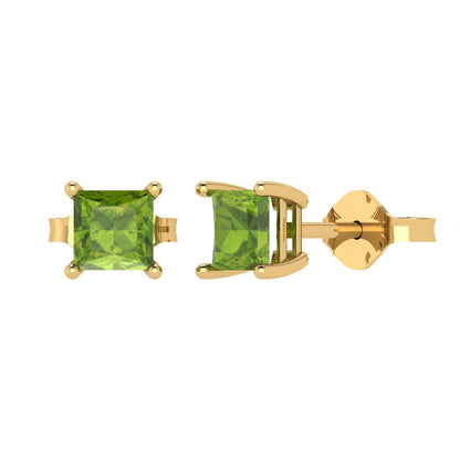 1.5cttw Princess Cut Natural Peridot Gold-Plated 925 Silver Push Back Stud Earrings