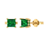 1.5 ct Brilliant Princess Cut Solitaire Studs Simulated Emerald Stone Yellow Gold Earrings Push back