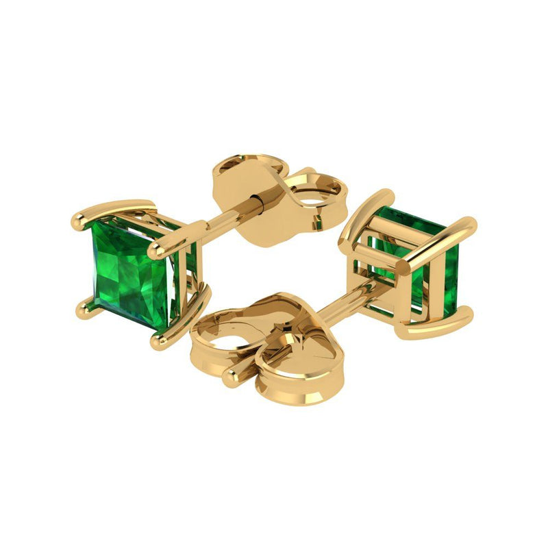1.5 ct Brilliant Princess Cut Solitaire Studs Simulated Emerald Stone Yellow Gold Earrings Push back