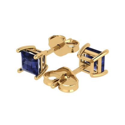 1.5 ctw Blue Sapphire Studs Earrings | 5.0mm Princess Cut White Gold Push back | September Birthstone