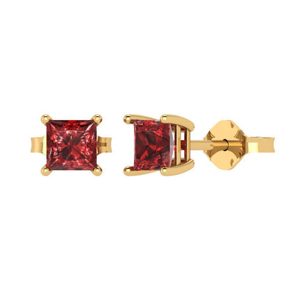 2cttw Princess Cut Natural Garnet Gold-Plated 925 Silver Push Back Stud Earrings