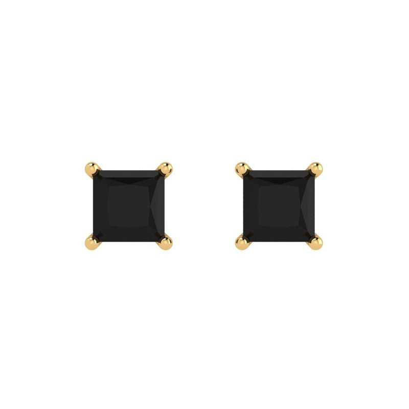2.0 ct Brilliant Princess Cut Solitaire Studs Natural Onyx Stone Yellow Gold Earrings Push back