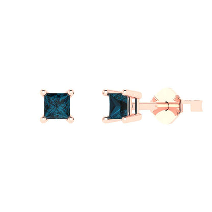0.5 ctw London Blue Topaz Studs Earrings | 3.5mm Princess Cut White Gold Push back | December Birthstone