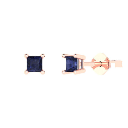0.5 ctw Blue Sapphire Studs Earrings | 3.5mm Princess Cut White Gold Push back | September Birthstone