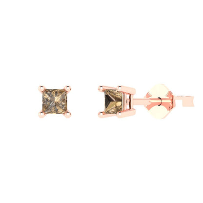 0.5 ctw Champagne Studs Earrings | 3.5mm Princess Cut White Gold Push back | April Birthstone