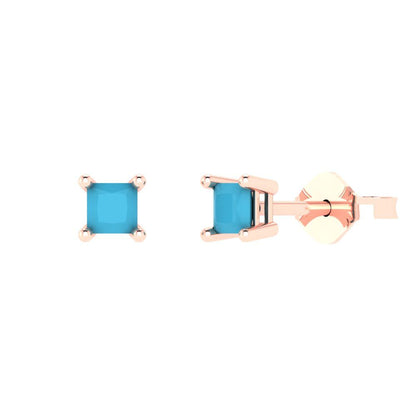 0.5 ctw Turquoise Studs Earrings | 3.5mm Princess Cut White Gold Push back | December Birthstone