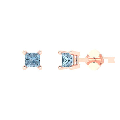 0.5 ctw Blue Zirconia Studs Earrings | 3.5mm Princess Cut White Gold Push back | April Birthstone