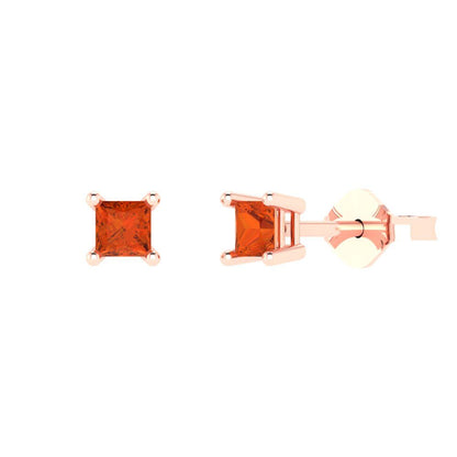 0.5 ctw Red Zirconia Studs Earrings | 3.5mm Princess Cut White Gold Push back | April Birthstone