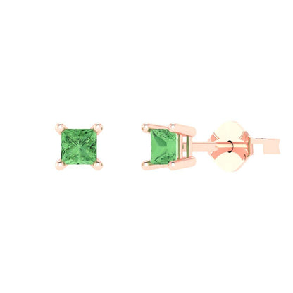 0.5 ctw Green Zirconia Studs Earrings | 3.5mm Princess Cut White Gold Push back | April Birthstone