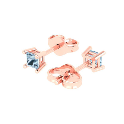 0.5 ctw Aquamarine Studs Earrings | 3.5mm Princess Cut White Gold Push back | March Birthstone