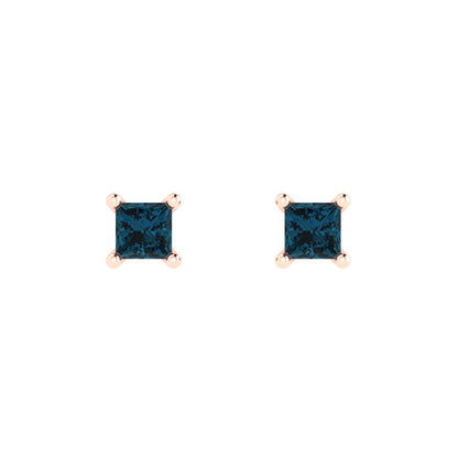 0.5cttw Princess Cut Natural London Blue Topaz Gold-Plated 925 Silver Push Back Stud Earrings