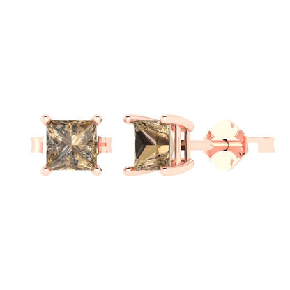 1 ctw Champagne Studs Earrings | 4.5mm Princess Cut White Gold Push back | April Birthstone