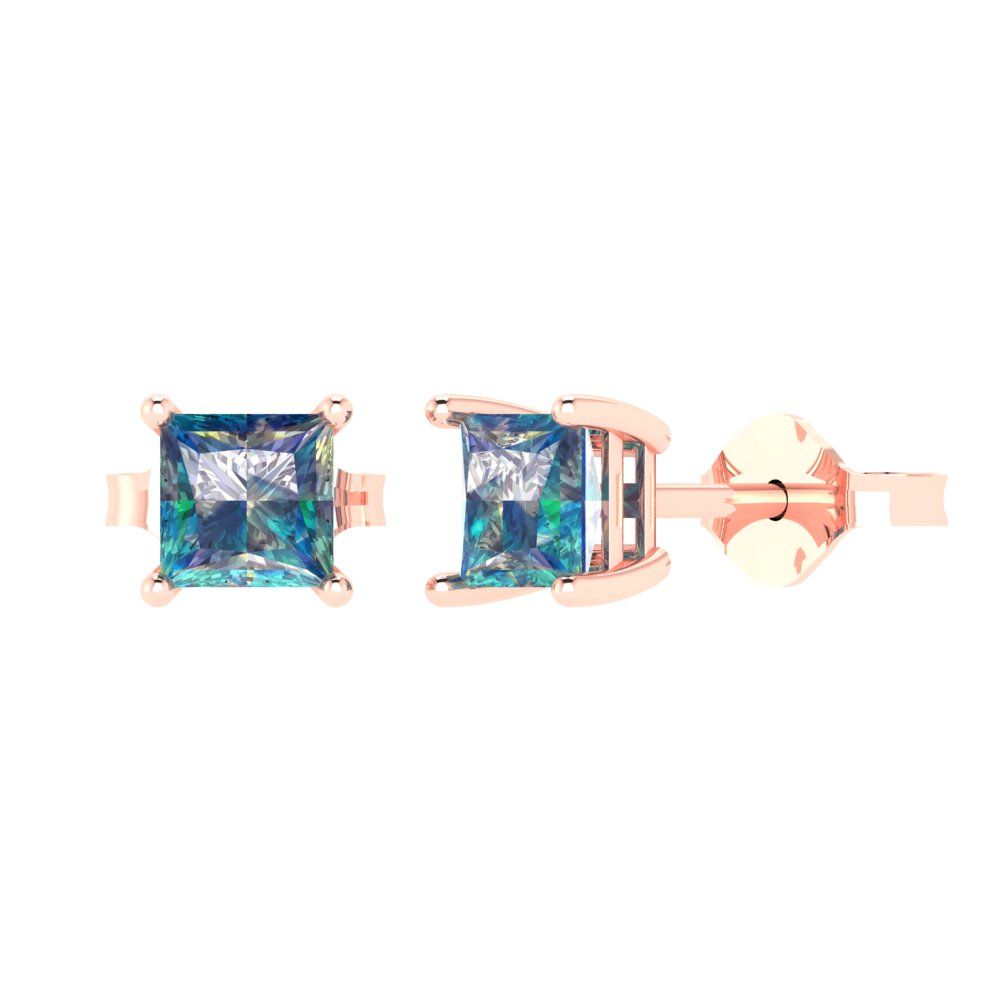 1 ctw Blue Moissanite Studs Earrings | 4.5mm Princess Cut White Gold Push back | April Birthstone