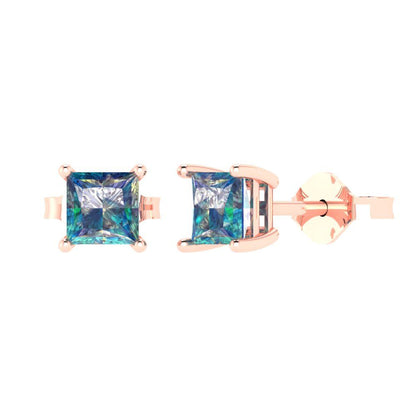 1 ctw Blue Moissanite Studs Earrings | 4.5mm Princess Cut White Gold Push back | April Birthstone