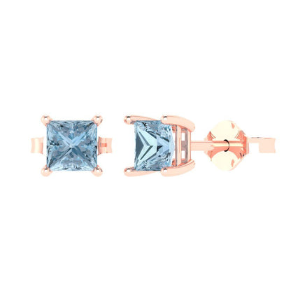 1 ctw Aquamarine Studs Earrings | 4.5mm Princess Cut White Gold Push back | March Birthstone
