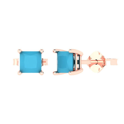 1cttw Princess Cut Simulated Turquoise Gold-Plated 925 Silver Push Back Stud Earrings