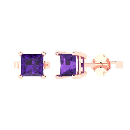 1 ctw Amethyst Studs Earrings | 4.5mm Princess Cut White Gold Push back | February Birthstone