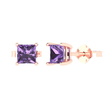 1cttw Princess Cut Simulated Alexandrite Gold-Plated 925 Silver Push Back Stud Earrings