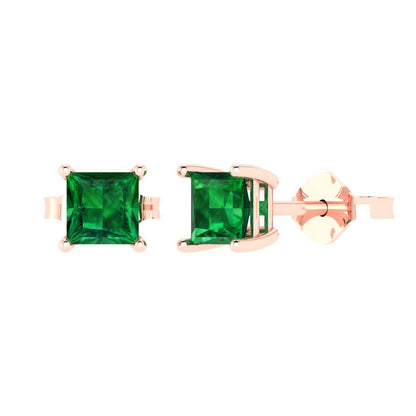 1 ctw Emerald Studs Earrings | 4.5mm Princess Cut White Gold Push back | May Birthstone