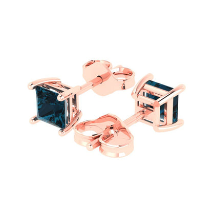 1cttw Princess Cut Natural London Blue Topaz Gold-Plated 925 Silver Push Back Stud Earrings