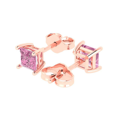 1cttw Princess Cut Simulated Pink Diamond Gold-Plated 925 Silver Push Back Stud Earrings