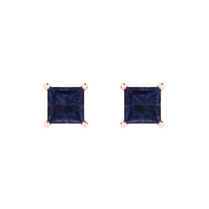 1 ctw Blue Sapphire Studs Earrings | 4.5mm Princess Cut White Gold Push back | September Birthstone